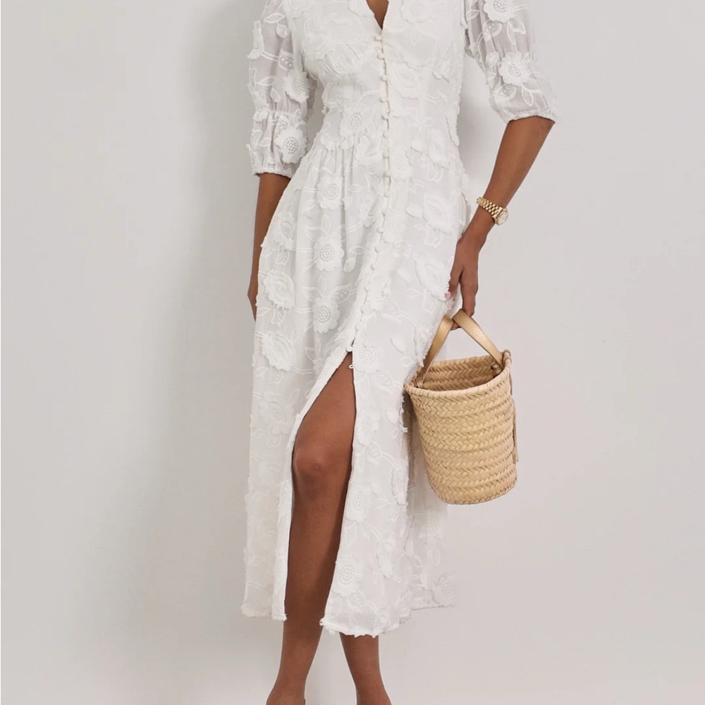 Vita Grace White Lace Button-Front Midi Dress